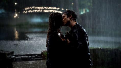 damon and elena first kiss|damon and elena rain kiss.